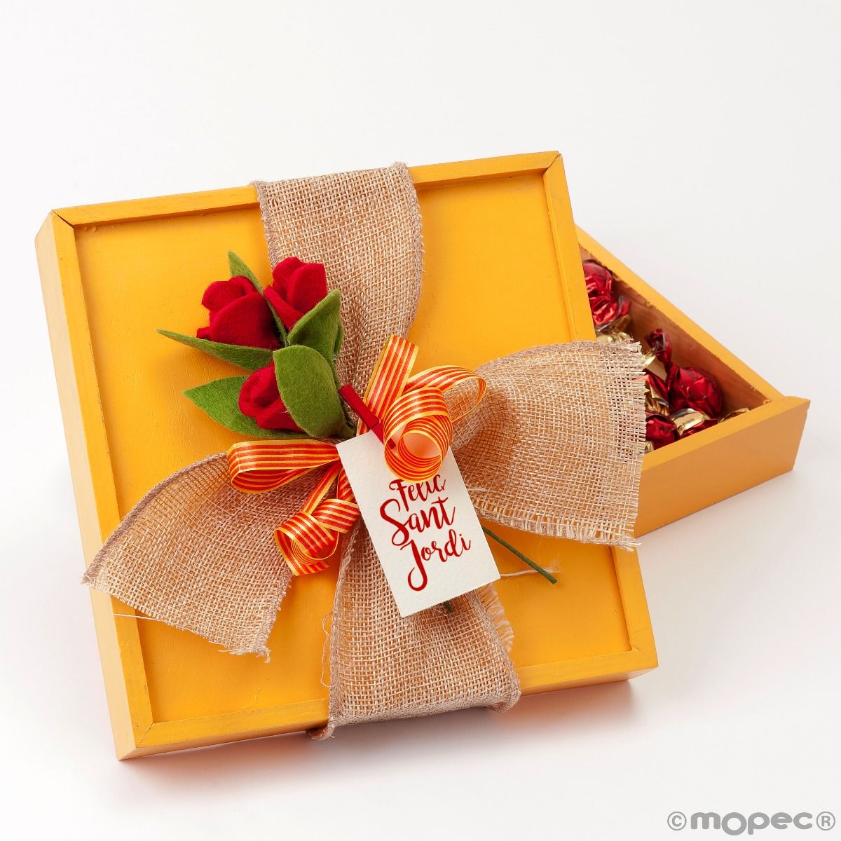 Caja madera amarilla Sant Jordi con rosa y 30 crokichoc | Mopec | Mopec