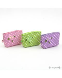 Borsellino zip a pois con fiore uncinetto 13x8x3,5cm assort.