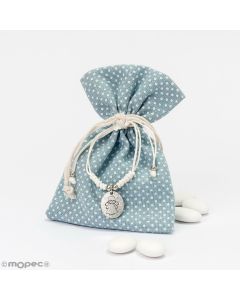 BLUE polka dot bag 10x14cm. with 5 choc. dragees