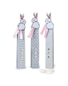 Boîte carrée/pois/rayures 5 dragées choc. pince lapin rose