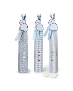 Boîte carrée/pois/rayures 5 dragées choc. pince lapin bleu