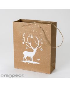 Sac Kraft 20x25cm cerf blanc poignées et paillette, min.6pc.