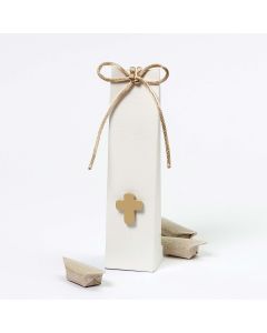 White box with beige cross with 3 candies