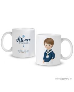 Taza cerámica Primera Comunión niño marinero azul disponible en varios idiomas