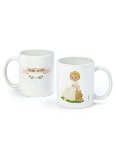 Taza cerámica niña Comunión sentada en banco en caja regalo