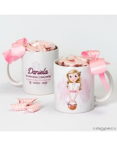 Taza Comunion niña cesta flores 7 caramelos en caja regalo disponible en varios idiomas