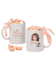 Taza Primera Comunión niña con pelota 7 caramelos en caja regalo