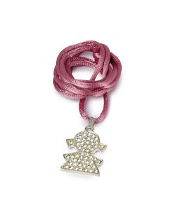 Collier fille en métal avec strass et ruban fuchsia dans sac