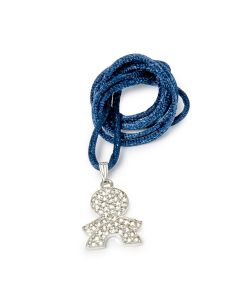 Collier garçon en métal avec strass et ruban bleu dans sac