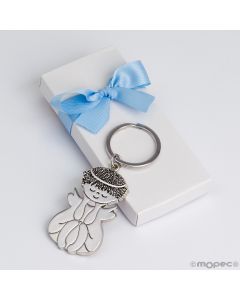 Metallic keyring sitting  Angel decorated blue white box