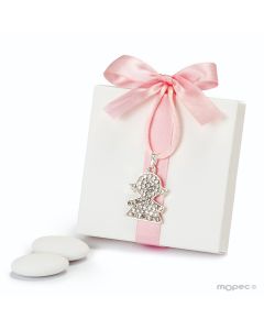 Caja blanca lazo rosa colgante strass niña 5peladillas choc.