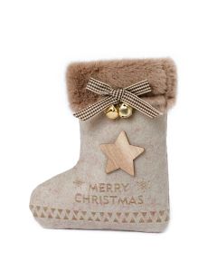 Calzino beige con stella Merry Christmas e campanellini