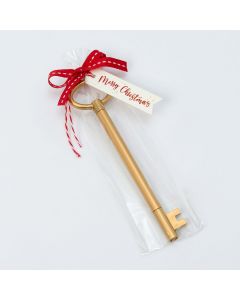 Rotulador llave dorada tarjeta Merry Chris. lazo rojo  15cm.