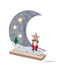 Felt moon 3LEDS with wooden base 17cm.