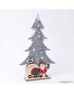 Árbol 5 LEDS fieltro gris Papa Noel base madera 23x44,5x5cm.