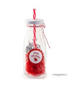 Bouteille Noel en verre paille rouge et 15 minifruit