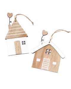 Pendentif en bois maison marron avec coeur  assorti, min.2