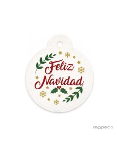 Tarjeta bola de Abeto blanca con orla y texto navideño Ø4,7cm(preciox20u) min.20