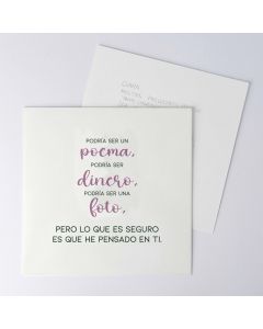 Enveloppe et carte chèque cadeau "He pensado en ti" vert et rose min.25