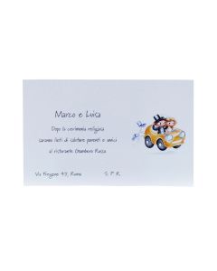 Invitación boda Pop&Fun novios coche 13,5x8,5cm. min.25