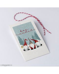 Gift card w/ribbon Feliz Navidad red gnomes 6x10cm (SP)