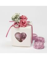 Scatola finestra a cuore 3 cioccolatini e fiore color malva