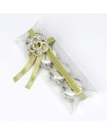 Estuche broche flor strass cinta verde 4 bombones