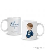 Taza cerámica Primera Comunión niño marinero azul disponible en varios idiomas