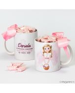 Taza Comunion niña cesta flores 7 caramelos en caja regalo disponible en varios idiomas