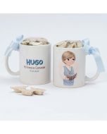 Taza Comunión niño chaleco y Biblia 7 caramelos caja regalo