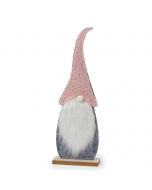 Figura Gnomo gorro rosa y base madera  40cm.