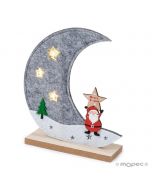 Felt moon 3LEDS with wooden base 17cm.