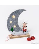 Felt moon 3LEDS 2 bonbons with wooden base 17cm.