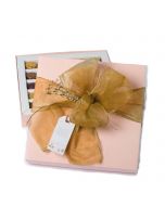 Coffret rose pâle avec perles noeud carte Felices Fiestas 30 choco