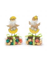 Wooden chicks with trunk base in box 16 praline eggs 2 assorted