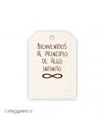 Tarjeta blanca símbolo infinito 2,7X4cm. (preciox50u.)min.50