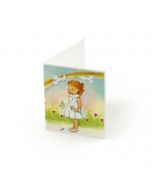 Tarjeta librito arco iris niña vestido blanco, preciox100uds