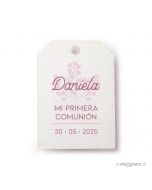 Communion card pink flower rectangular corners 2,7X4cm.